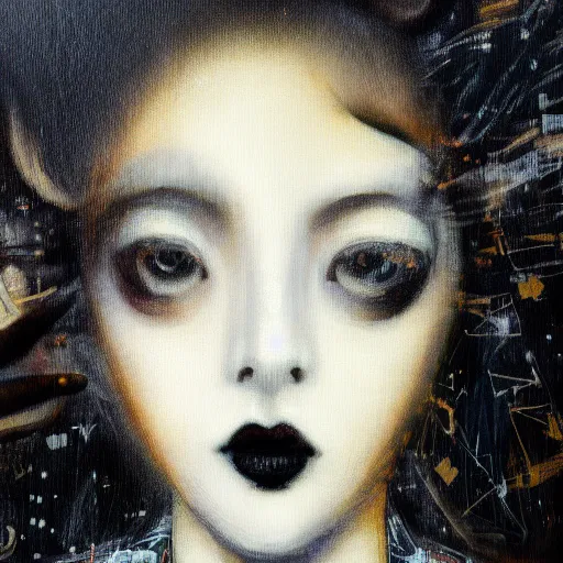 Image similar to yoshitaka amano blurred and dreamy minimalistic oil portrait of a young woman with black lipstick and black eyes wearing dress suit with tie, junji ito abstract patterns in the background, satoshi kon anime, noisy film grain effect, highly detailed, renaissance oil painting, wide brush strokes, weird portrait angle, blurred lost edges