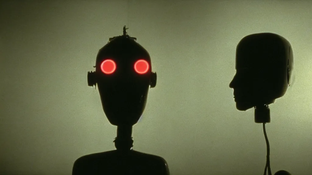 Image similar to The man with robot head, movie still, cinematic composition, cinematic light, by David Lynch