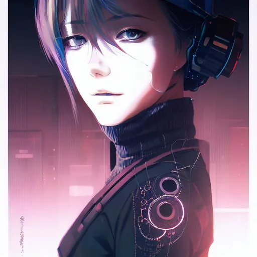 Image similar to by kyoto animation, cool girl wearing cyberpunk intricate streetwear, beautiful, detailed symmetrical close up portrait, intricate complexity, in the style of artgerm and ilya kuvshinov, cell shaded, 4 k, concept art, by wlop, krenz cushart, greg rutkowski, pixiv. cinematic dramatic atmosphere, cinematic lighting, studio quality