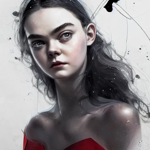 Prompt: portrait of modern darna, elle fanning in prey, intricate, elegant, dark vibes, highly detailed, digital painting, artstation, glamor pose, concept art, smooth, sharp focus, illustration, art by wlop, mars ravelo and greg rutkowski