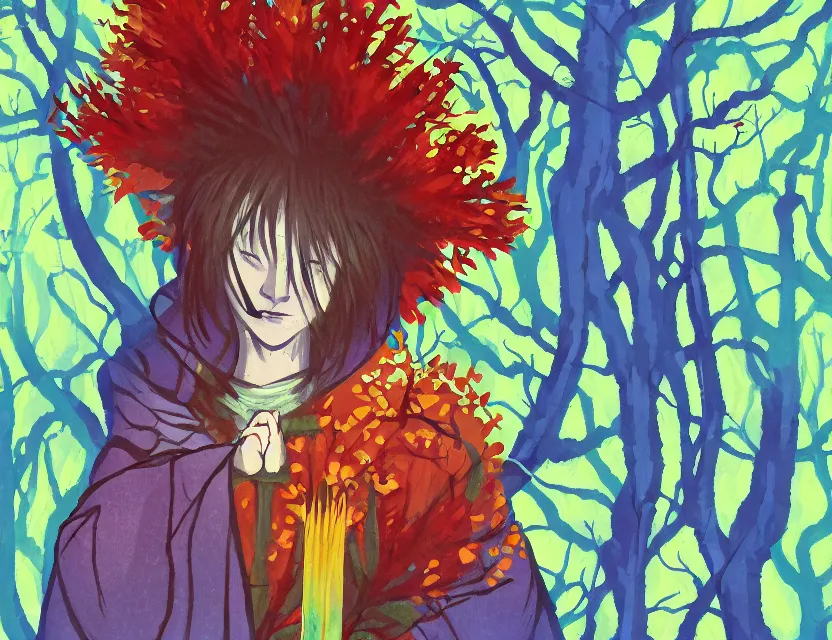 Image similar to flower priest of winter woods. gouache, limited palette with complementary colors, by award - winning mangaka, backlighting, bold composition, depth of field.