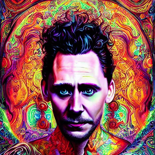 Image similar to portrait of tom hiddleston, hyper detailed masterpiece, neon floral pattern, jean giraud, digital art painting, darkwave goth aesthetic, psychedelic, artgerm, donato giancola and tom bagshaw