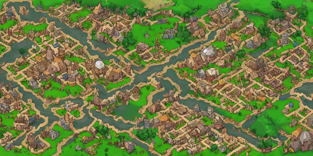 Image similar to a high detailed village vector art presenting an aerial view of a cartoonish rpg village by dungeondraft, dofus, patreon content, containing tables and walls, hd, straight lines, vector, grid, dnd map, map patreon, fantasy maps, foundry vtt, fantasy grounds, aerial view, dungeondraft, tabletop, inkarnate, dugeondraft, roll 2 0