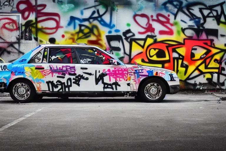 Prompt: a police car covered in graffiti that spells'1 3 1 2'by mia brownell, art by anna hotchkis, antonio saura, very detailed, maximalism, ambient occlusion, volumetric light, atmospheric haze, hyper realism, futuristic but colorful shading, cinematic composition, realistic render, photography, wide shot