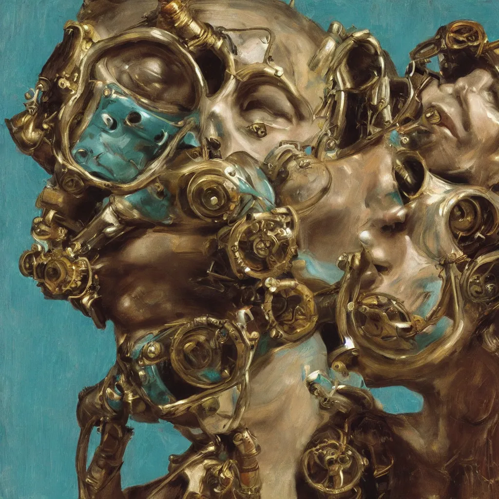 Image similar to high quality high detail painting by lucian freud, jenny savile, ilya repin and john singer sargent, steampunk crazy person with face mask dancing, turquoise, hd