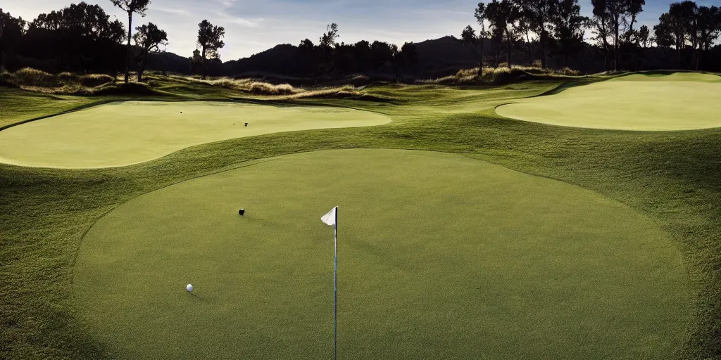 Prompt: a great photograph of the most amazing golf hole in the world, made from yarn, beautiful ambient light, golf digest, top 1 0 0,