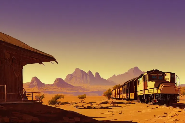 Image similar to idyllic old western train station illustration by syd mead, artstation, 4 k, graphic novel, concept art, matte painting, steam engine, beautiful mountain desert sunset background, golden hour