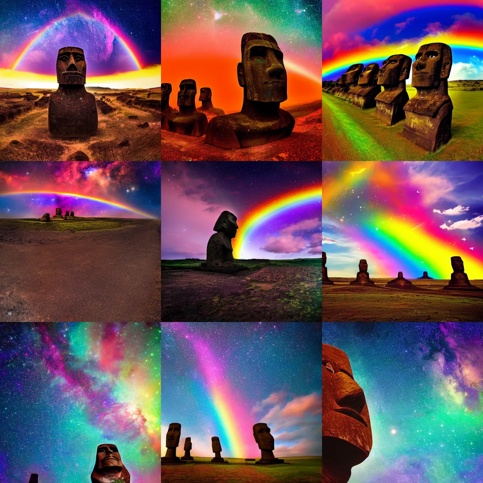 Prompt: moai flying through space, colorful rainbow cosmos, galaxies, stars award winning photo, high detail, atmospheric, 8k