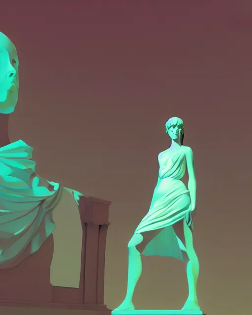 Image similar to a painting of a woman standing in front of a statue, a screenshot by stanley twardowicz, cgsociety, aestheticism, aesthetic, vaporwave, anime aesthetic