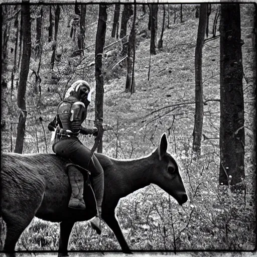 Image similar to alien riding on the back of a deer, grainy trail cam, low detail, noisy, low light, black and white