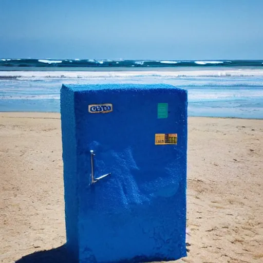 Prompt: refrigerator made of blue sand on the beach