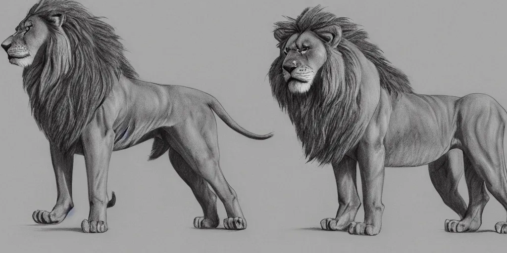 Prompt: full body shot of a large canine with the tail and ears of a lion, pencil drawing, illustration, black and white, artstation