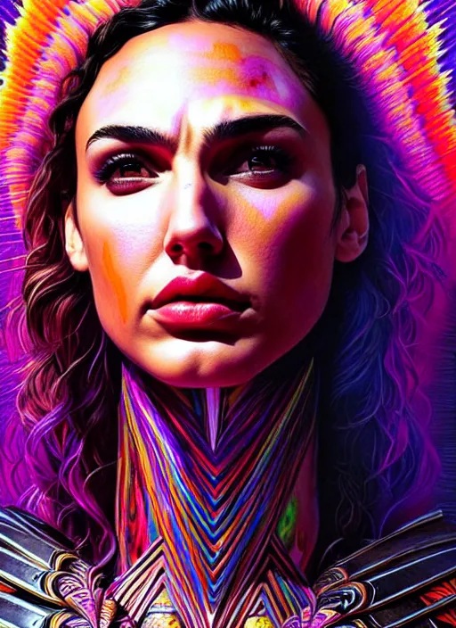 Image similar to portrait of gal gadot, hyper detailed ultra sharp aztec shaman warrior. trending on artstation, warpaint aesthetic, bloodwave, colorful, psychedelic, ornate, intricate, digital painting, concept art, smooth, sharp focus, illustration, art by artgerm and greg rutkowski and h. r. giger, 8 k