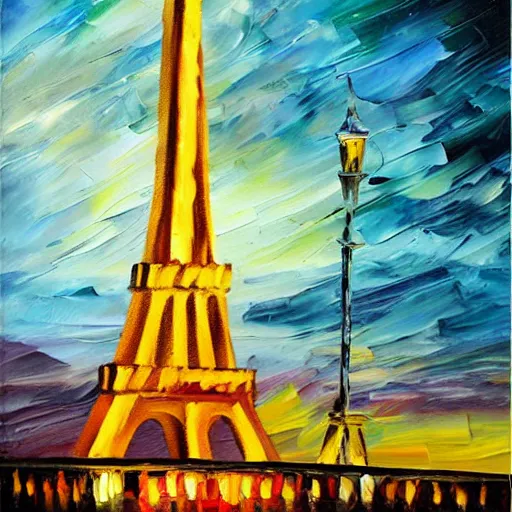 Image similar to palette knife oil painting of eiffel tower at dusk