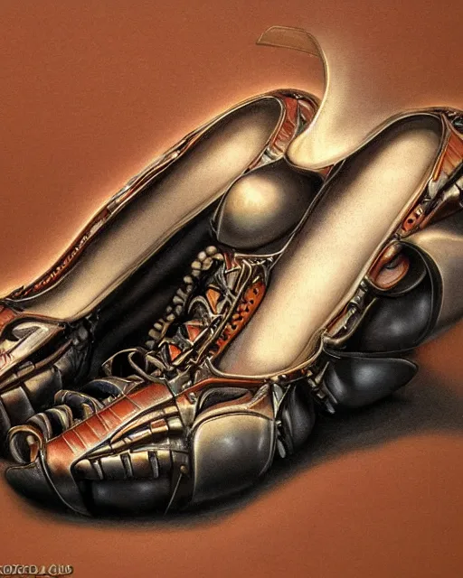 Image similar to shoes design by frank franzetta, biomechanical, 4 k, hyper detailed