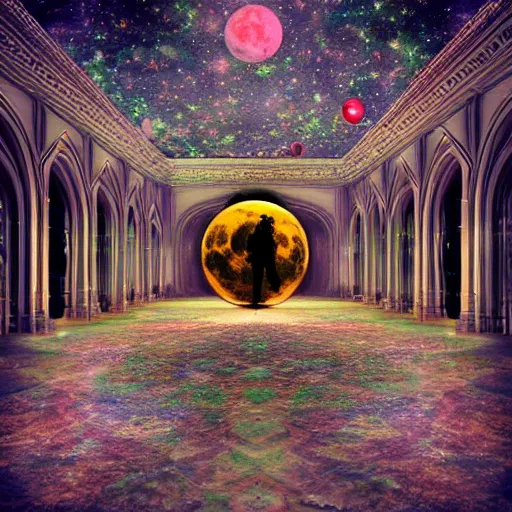 Prompt: large gothic hall with a large moon on the ceiling, cyberspace, soft light, art station, detailed, colorful, symmetrical