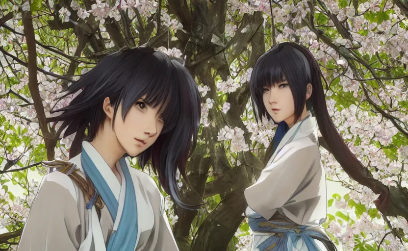 Image similar to front portrait of a girl walking, sakura tree in background, yukata clothing, battlefield in background, anime style, rounded faces, hair down, symmetrical facial features, from arknights, hyper realistic, 4 k, extreme detail, detailed drawing, trending artstation, realistic lighting, by alphonse mucha, greg rutkowski, sharp focus, backlit