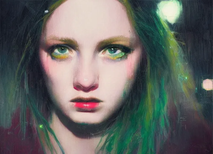 Image similar to detailed portrait of a punk girl with green eyes in the city street at night, bokeh, long exposure, painting by jeremy lipking christopher doyle