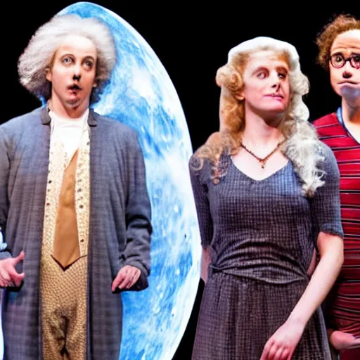 Image similar to quantum physics the musical on broadway, with isaac newton, albert einstein, the apple and the moon