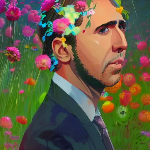 Image similar to a portrait of Nicolas Cage, field of flowers background, rich vivid colors, ambient lighting, dynamic lighting, 4k, official media, anime key visual, makoto shinkai, ilya kuvshinov, lois van baarle, rossdraws, detailed, trending on artstation