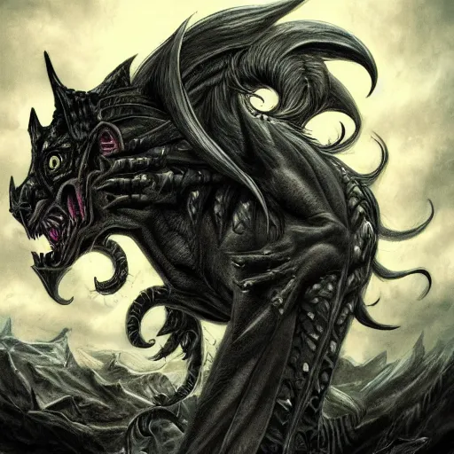 Image similar to fierce chimera monster, gothic art, subdued color, detailed, eerie, emotional, gothic, sad, agitated, highly detailed, incredibly sharp focus, Artstation, deviantart, artgem, insane detail, intense black line art, precision detail, golden ratio, in the style of Heavy Metal Comics