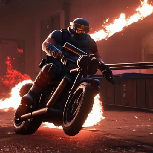 Image similar to Montagne from Rainbow Six Siege riding a bike leaving behind a trail of flames and explosions