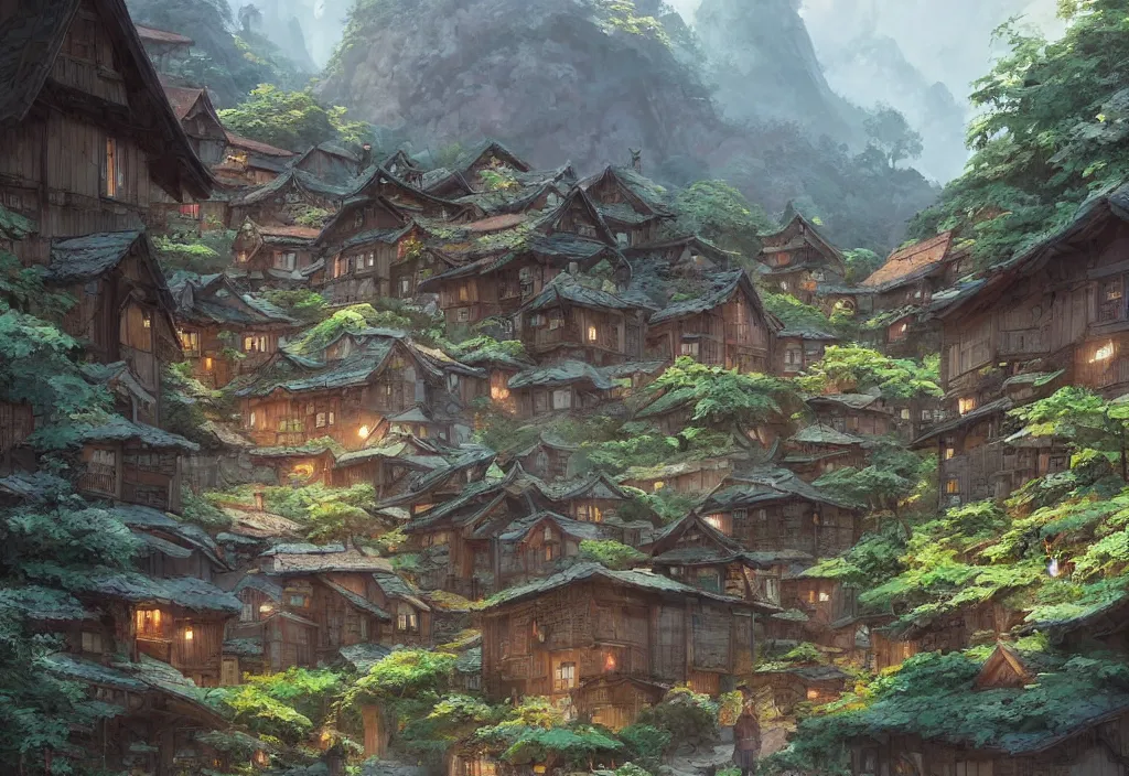 Image similar to concept art painting of a cozy village in a mountainous fantasy forested valley, historic european and japanese architecture, realistic, detailed, cel shaded, in the style of makoto shinkai and greg rutkowski and james gurney