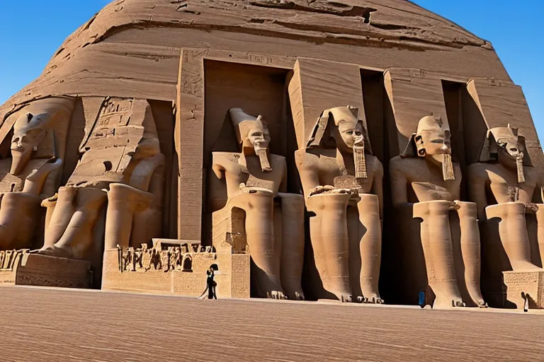 Prompt: A modeling rendering of the scene on the front of the temple of Abu Simbel in Egypt, with a grand atmosphere and fine textures, in super telephoto, composed of sand，fantasy, in Gaston Bussière，Giovanni Paolo Panini，Jean-Léon Gérôme style，featured on artstation, rending in Octane，RTX on，-H 1024