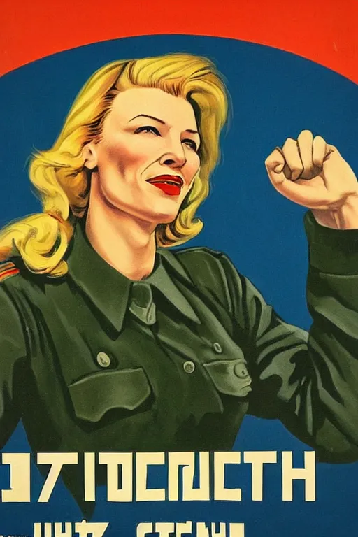 Image similar to soviet propaganda poster with cate blanchett calling on the world community to fight against Nazism, Ultra Detailed, soviet realism