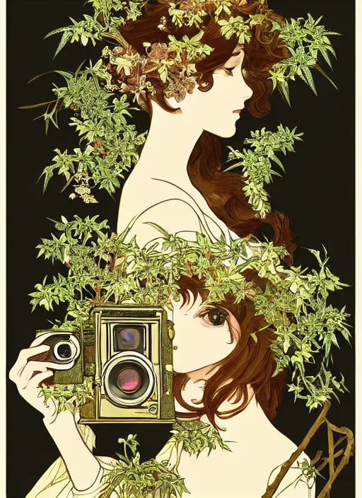 Image similar to photographer looking through a vintage camera, design on white background, beautiful details, lush foliage, gold, drawn by john singer sargent, studio ghibli, alphonso mucha, lolish, trending on artstation