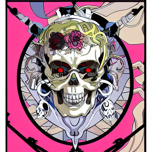 Image similar to anime manga skull portrait robot gundam face illustration style by Alphonse Mucha and Takashi Murakami pop art nouveau