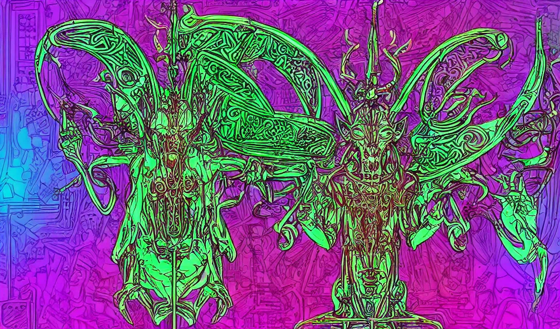 Image similar to biomechanical baphomet sigil merged with mainframe circuitry, multicolored digital art