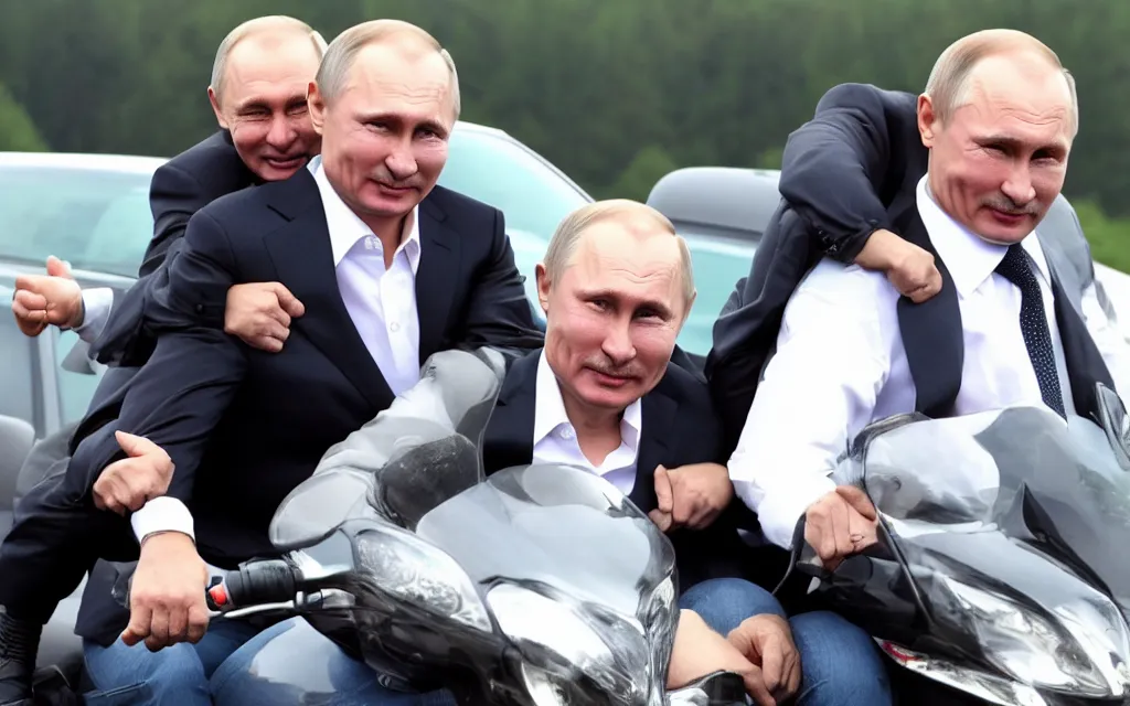 Prompt: vladimir putin rides on the back of alexander lukashenko