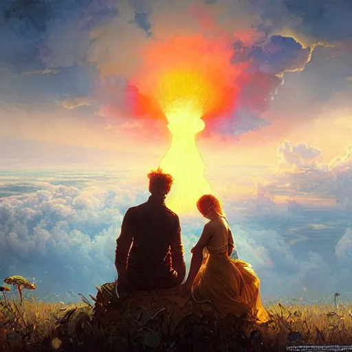 Image similar to a young couple watching a nuclear explosion, romantic, mushroom cloud, uplifting, happy, apocalytic detailed digital matte painting by artgerm, greg rutkowski and alphonse mucha