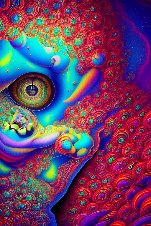 Image similar to hyperrealistic abstract close-up Renaissance psychedelic!! celestial happy! pure creature!! peaceful! kind spirit of nature! beautiful fractal!! eyes! highly detailed concept art eric zener elson peter cinematic hard rainbow lighting high angle hd 8k sharp shallow depth of field endless, inspired by Zdzisław Beksiński Salvador Dali