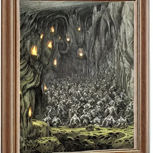 Prompt: cave full of goblins by Alan Lee