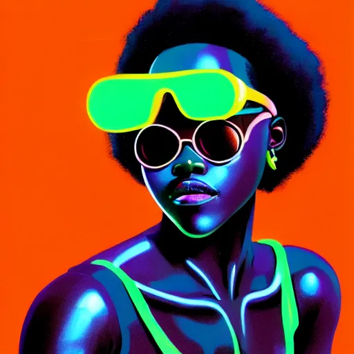 Image similar to Lupita Nyongo wearing opaque reflective goggles profile picture by Greg Rutkowski, brown skin, long afro hair, asymmetrical, futuristic, neon volumetric lights, cool colors, streetwear, studio ghibli, Organic Painting , Matte Painting, geometric shapes, hard edges, street art, trending on the artstation, fantasy LUT, realistic by Sachin Teng + Martin Grip + Moebius, techwear, Industrial Scifi, detailed illustration, character portrait,