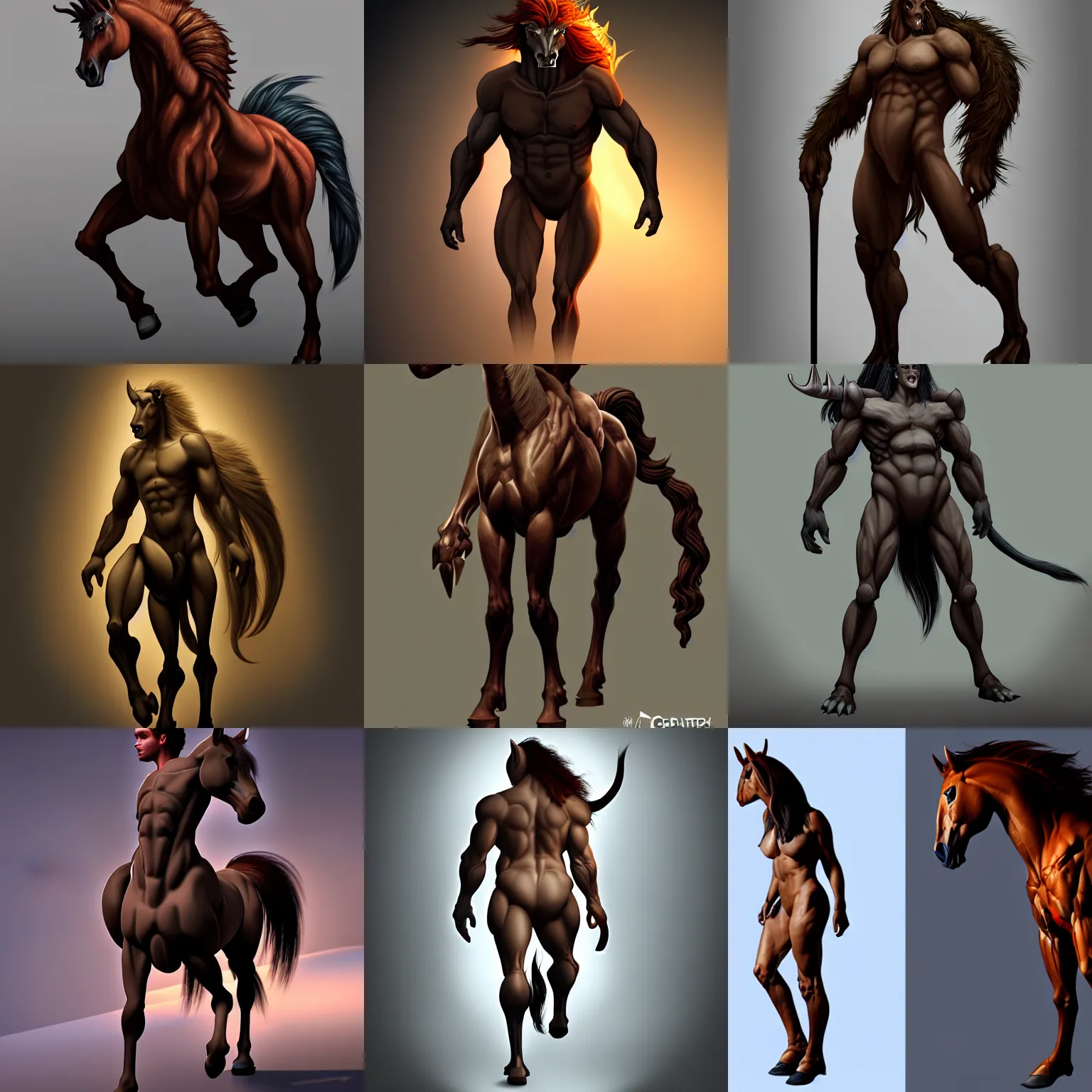 Prompt: studio photo of a dramatic lighting, character design of a horse human hybrid monster, centaur trending on artstation. monster character, human