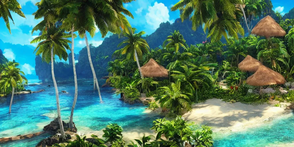 Image similar to a hyper realistic professional photographic view picture of a tropical island, photographic filter unreal engine 5 realistic hyperdetailed 8k ultradetail cinematic concept art volumetric lighting, fantasy artwork, very beautiful scenery, very realistic painting effect, hd, hdr, cinematic 4k wallpaper, 8k, ultra detailed, high resolution, artstation trending on artstation in the style of Albert Dros glowing rich colors powerful imagery nasa footage drone footage drone photography