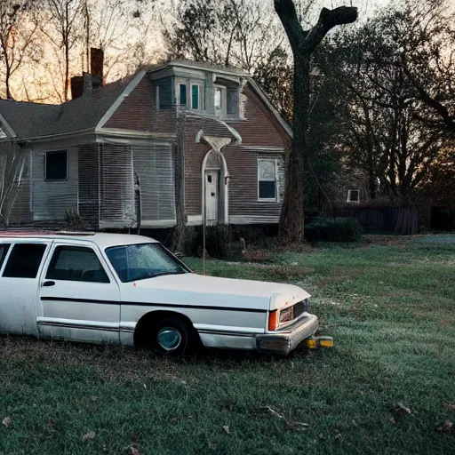 Image similar to an abandoned car in a suburban neighborhood from netflix show stranger things