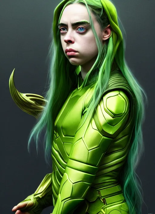 Image similar to Billie Eilish as Female Loki, beautiful facial symmetry, olive skin color, hyper realistic, hyper detail, very detailed, digital art, trending on artstation, smooth render, 8k octane render, digital illustration, by Katsuhiro Otomo and Shigeru Miyamoto