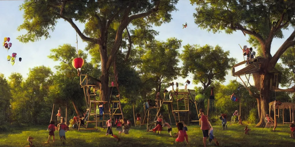 Prompt: masterful oil on canvas painting, eye - level view, shot from 5 0 feet distance, of kids playing in a treehouse. in the background human children run around having fun. golden hour, detailed, depth, volume, chiaroscuro, quiet intensity, limited color palette. in the background there are a couple of balloons floating in the sky.