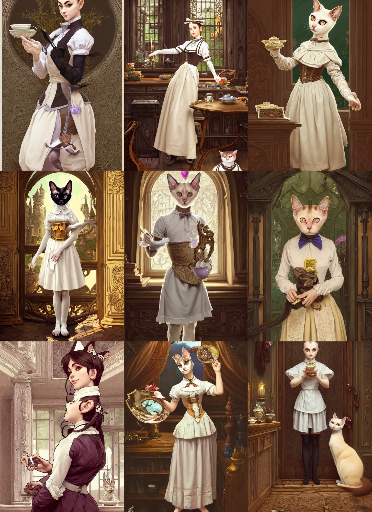 Prompt: full body photograph of a male anthropomorphic siamese cat fursona wearing a maid outfit in a manor, deep focus, intricate, elegant, highly detailed, digital painting, artstation, concept art, matte, sharp focus, illustration, d & d, fantasy, hearthstone, art by artgerm and greg rutkowski and alphonse mucha