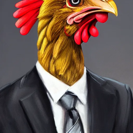 Prompt: a closeup portrait of an antropomorphic chicken wearing a suit, photorealistic -n 6