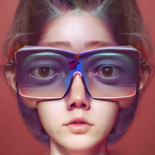 Image similar to colourful vfx upper half - portrait - a girl reading a book, art by katsuhiro otomo & james jean, digital render, digital illustration, concept art, caricature, volumetric light, ray tracing, symmetrical, unreal engine, octane 3 d render, sharp, detailed, intricate detail, pinterest, behance, art station