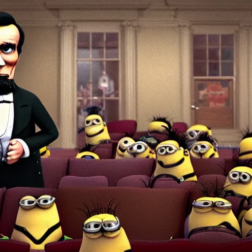 Prompt: Abraham Lincoln watching minions at the theater