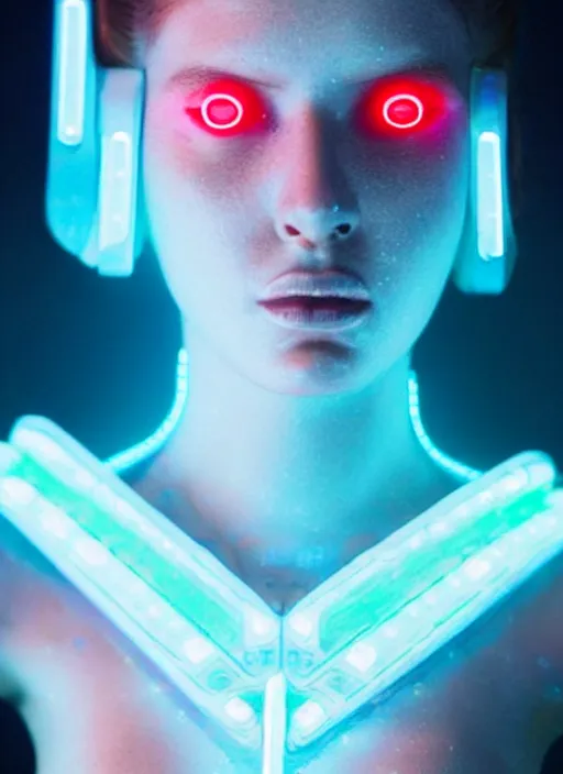 Prompt: a european female humanoid with freckled cheeks, cyber neon lighting, futurism, intricate futuristic led lit jewelry, cyberpunk glossy white latex swimwear, profile posing, hyper photorealistic, crispy quality, digital photography, trending in artstation, trending in pinterest, cinematic, 4 k ultra hd, art by pascal blanche, art by greg rutkowski,