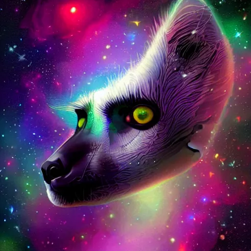 Image similar to geometric lemur with galaxy eyes in space, nebula in the background, intricate, elegant, highly detailed, digital painting, artstation, concept art, smooth, sharp focus, illustration, art by artgerm