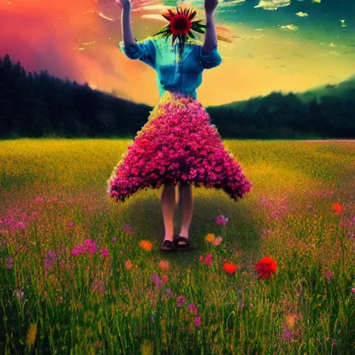 Image similar to girl with an exploding flower for a head, surreal photography, dream, standing in flower field, magical, in a valley, sunrise dramatic light, impressionist painting, colorful clouds, artstation, simon stalenhag, flower face