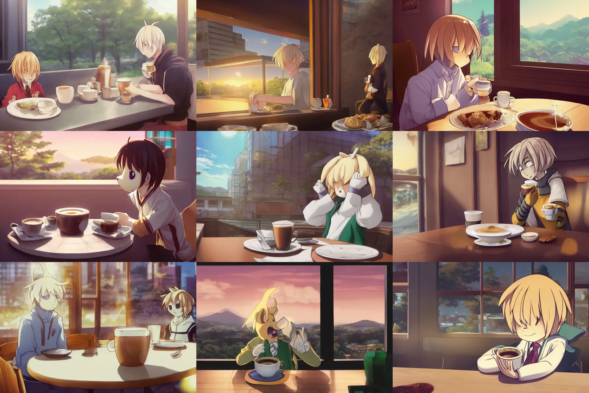 Prompt: photorealistic Asriel Dreemurr with coffee at a morning cafe, Asriel Dreemurr, sunrise, Asriel Dreemurr, anime key visual, Asriel Dreemurr, digital art, Asriel Dreemurr, anime screenshot, kyoto animation, makoto shinkai, trending on artstation